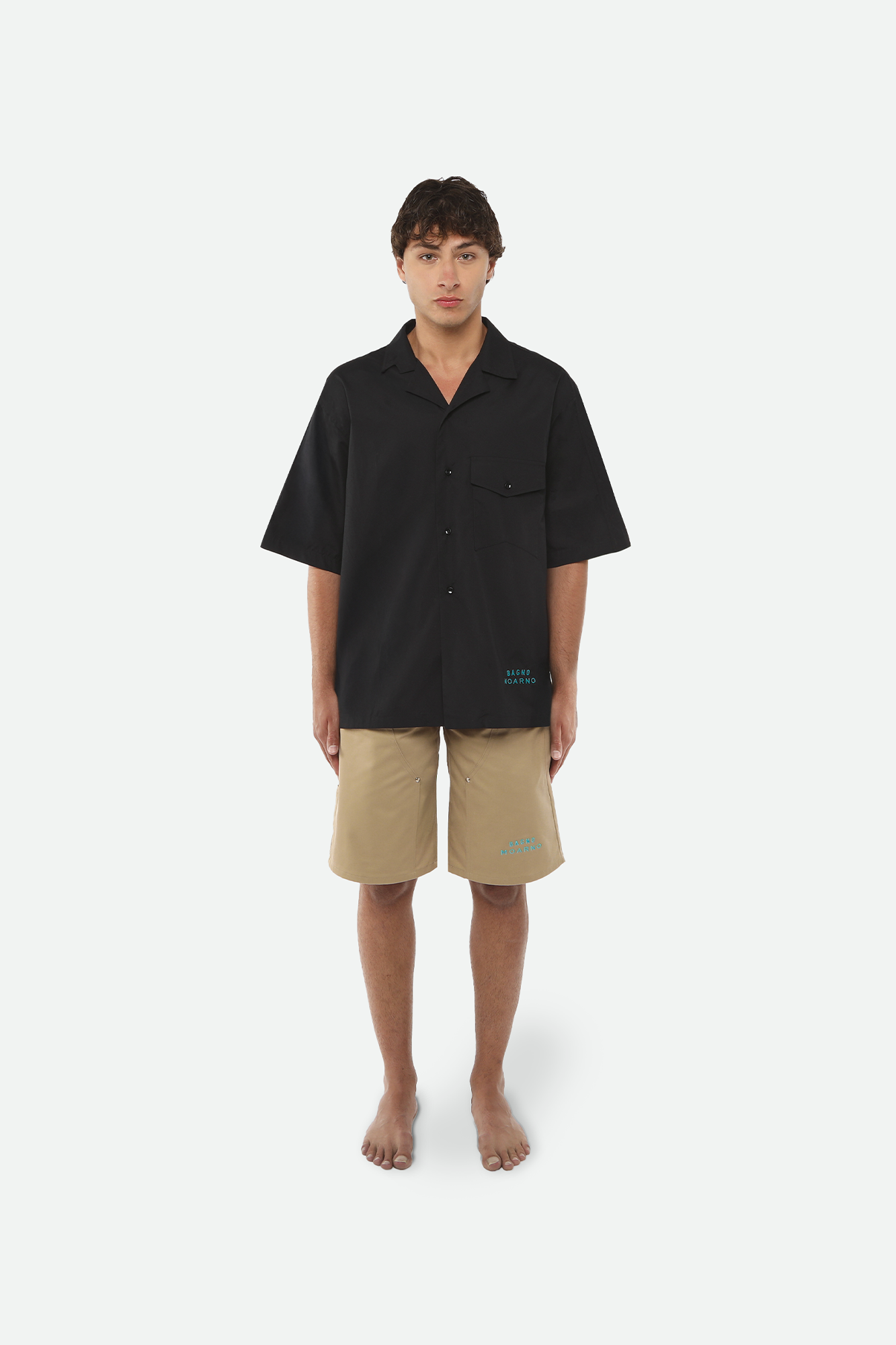 CAMICIA A MANICHE CORTE NERA IN POPELINE DI COTONE